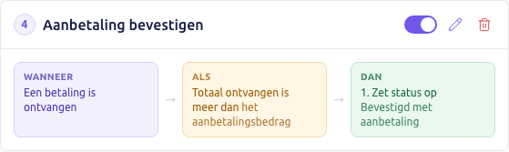 Scherm: de kaart van de regel Aanbetaling bevestigen
