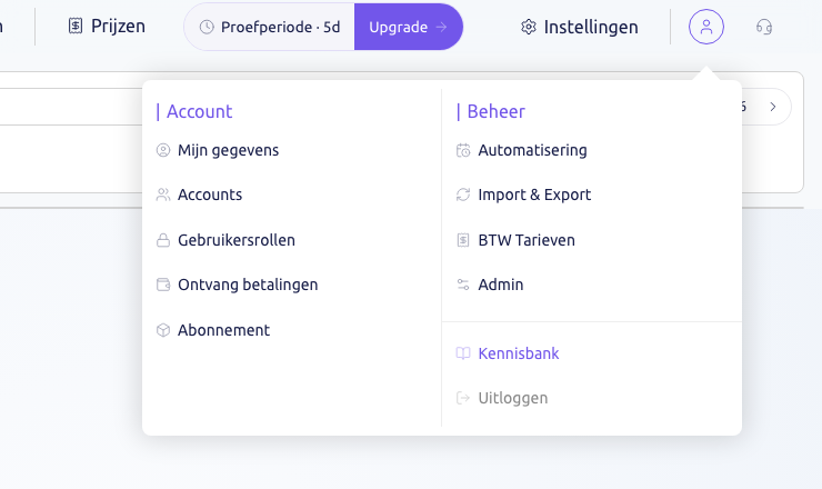 Scherm: het accountmenu met Beheer en Automatisering