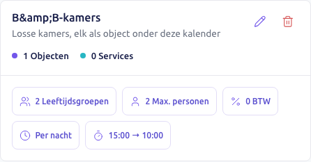 Scherm: de kaart van de kalender B&B-kamers op de pagina Kalenders