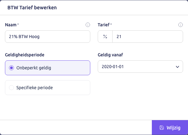 Scherm: het scherm BTW Tarief bewerken van 21% BTW Hoog