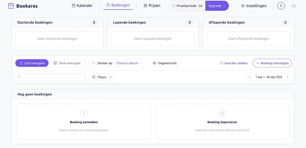 Scherm: de pagina Boekingen met de knop Boeking toevoegen