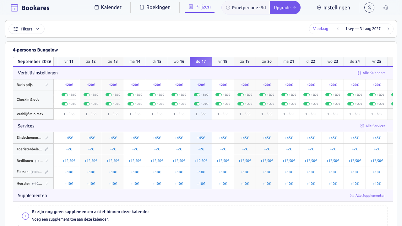 Scherm: de pagina Prijzen met de rij Basis prijs per kalender