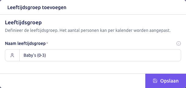 Scherm: het scherm Leeftijdsgroep toevoegen met de naam Baby's (0-3)
