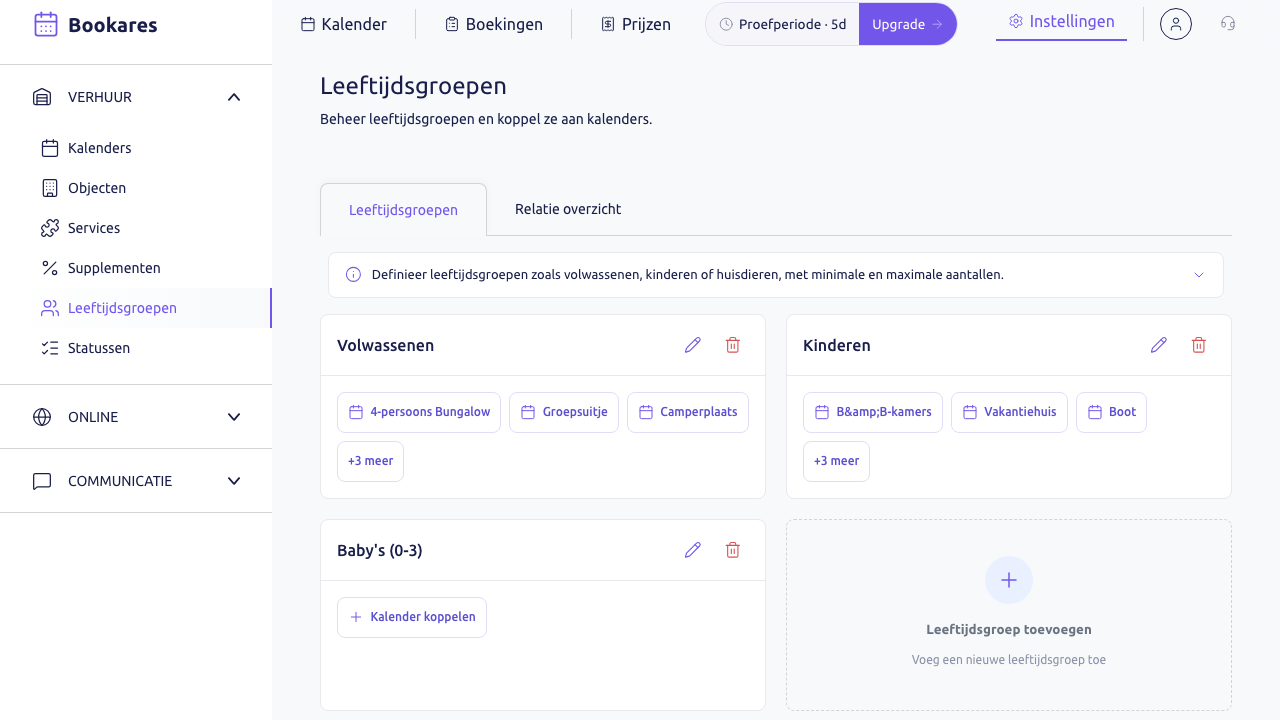 Scherm: de pagina Leeftijdsgroepen met Volwassenen en Kinderen