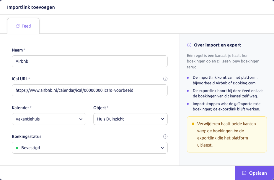 Scherm: het scherm Importlink toevoegen voor Airbnb