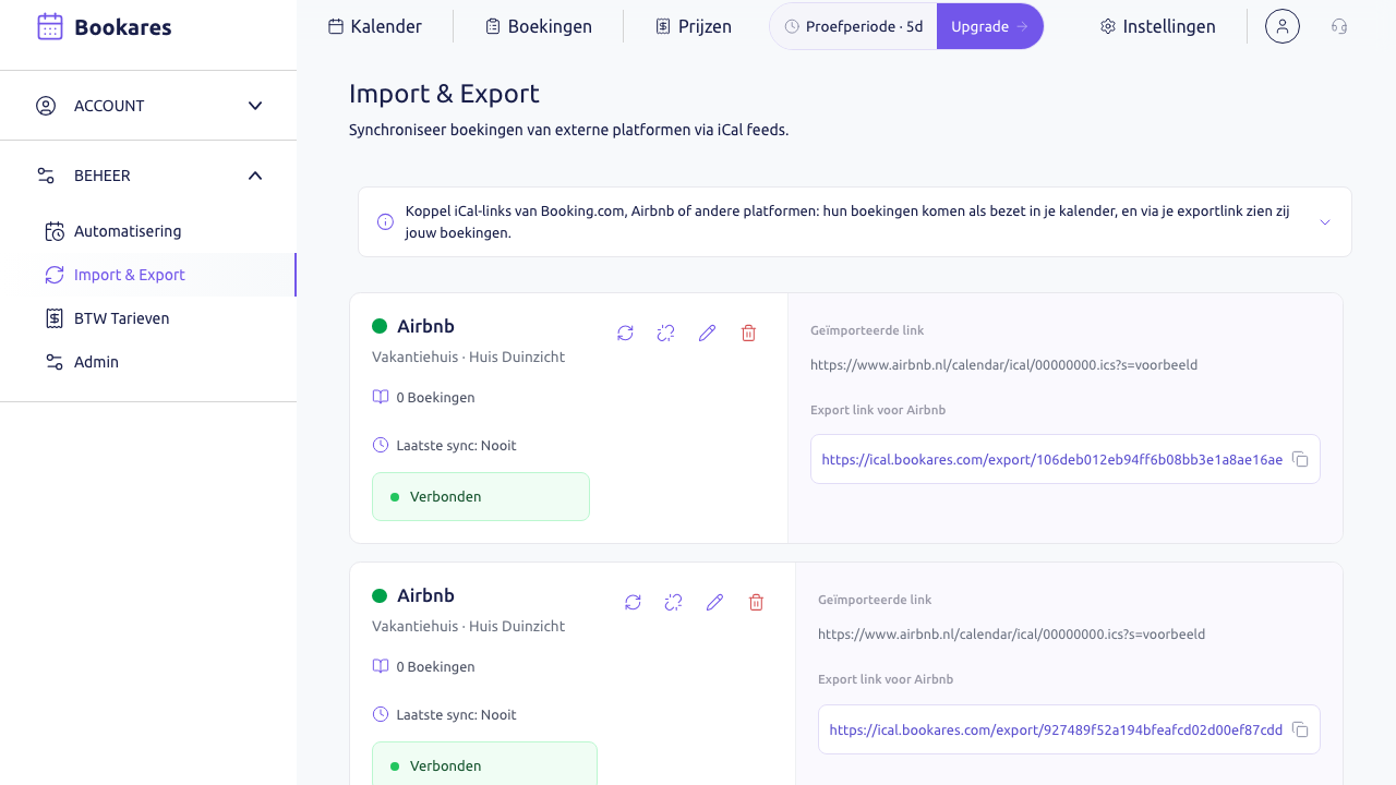 Scherm: de pagina Import & Export met de tegel Importlink toevoegen