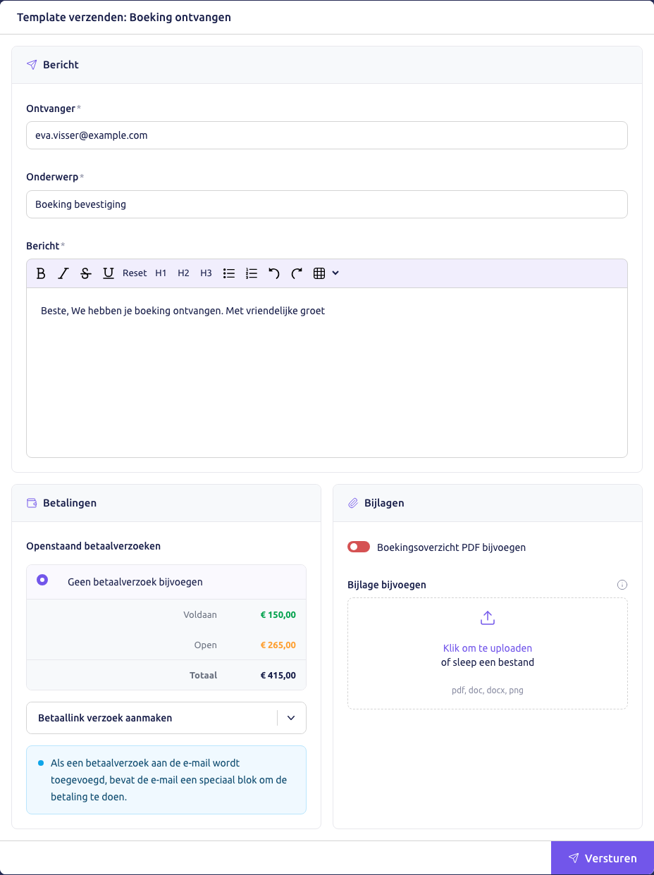 Scherm: het scherm Template verzenden met Boeking ontvangen