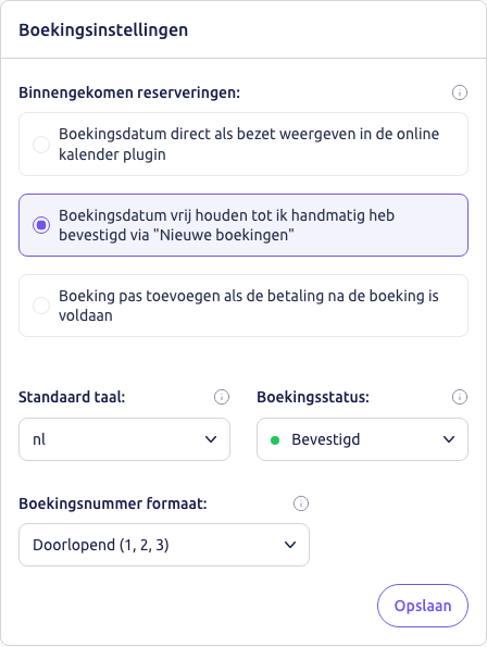 Scherm: het blok Boekingsinstellingen met de handmatige keuze aangevinkt