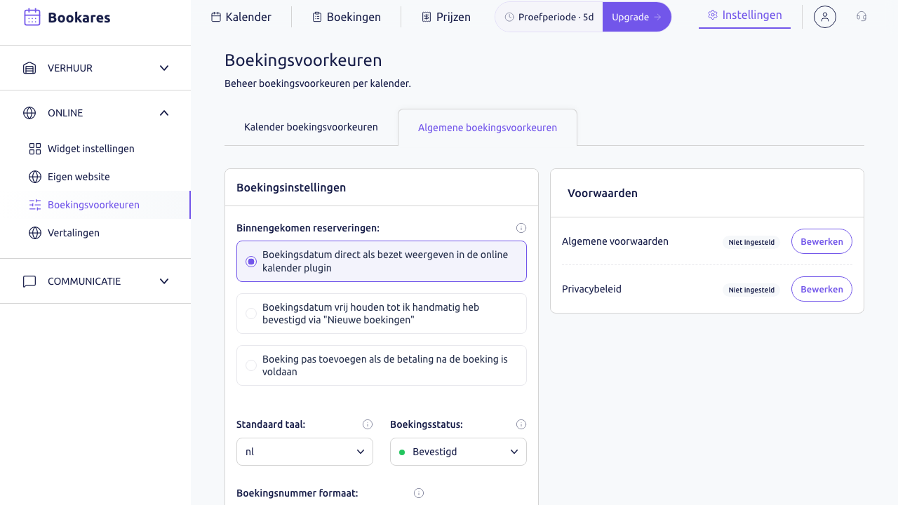 Scherm: de pagina Boekingsvoorkeuren met het tabblad Algemene boekingsvoorkeuren open