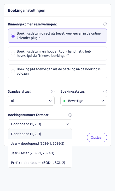 Scherm: de lijst met formaten onder Boekingsnummer formaat
