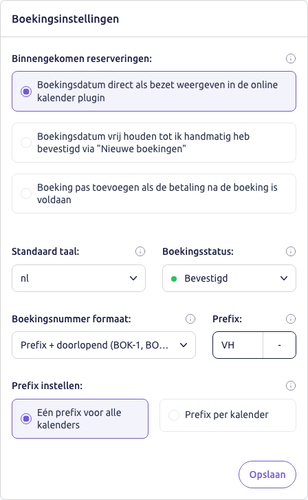 Scherm: het blok Boekingsinstellingen met de prefix VH ingevuld