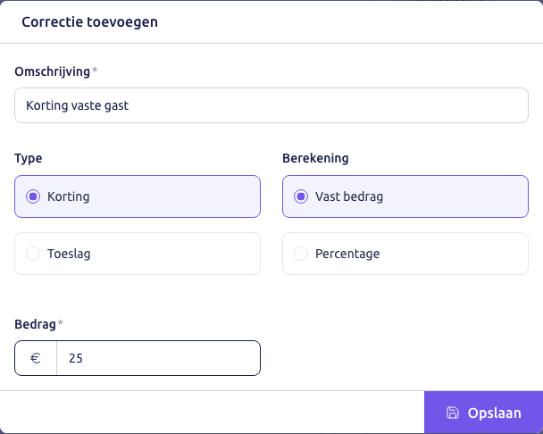 Scherm: het scherm Correctie toevoegen met Korting vaste gast