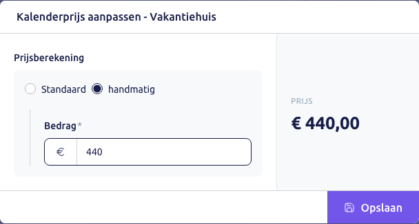 Scherm: het scherm Kalenderprijs aanpassen met een handmatig bedrag