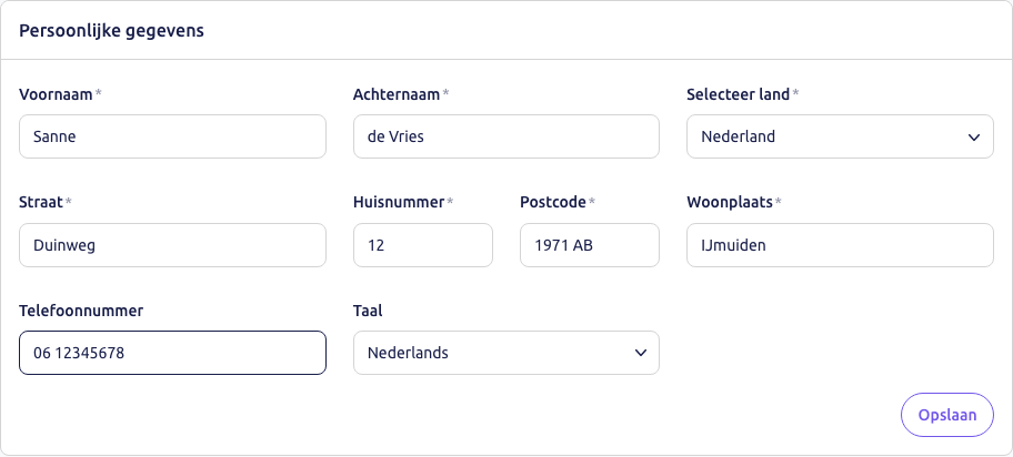 Scherm: het blok Persoonlijke gegevens met de gegevens van Sanne de Vries