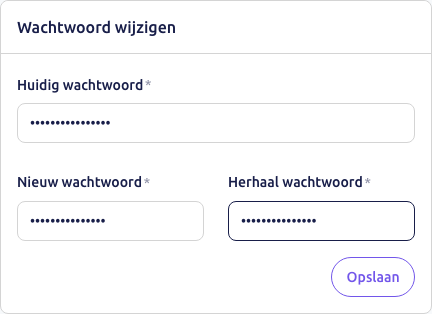 Scherm: het blok Wachtwoord wijzigen met de drie velden ingevuld