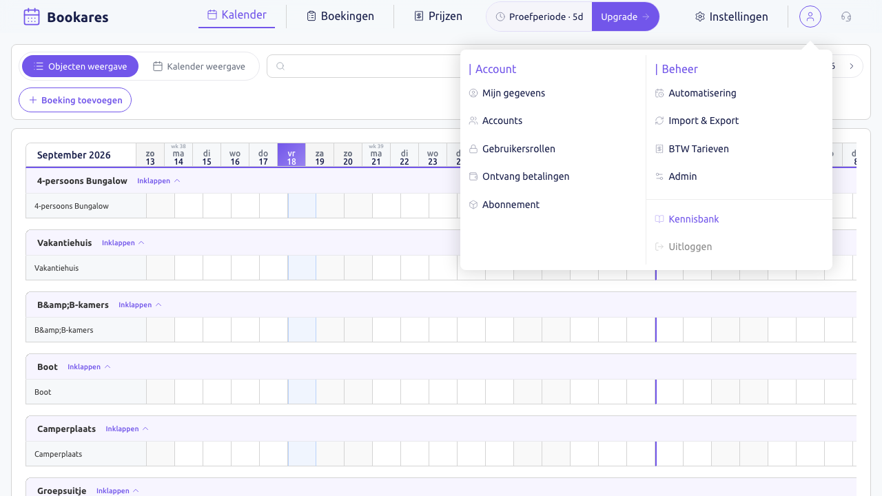 Scherm: het accountmenu met Gebruikersrollen onder Account