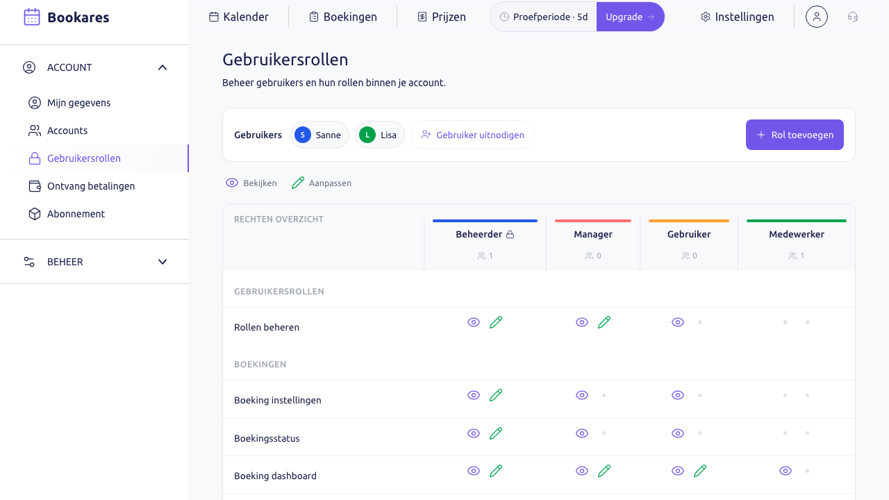 Scherm: de pagina Gebruikersrollen met de rij Gebruikers en het rechtenoverzicht