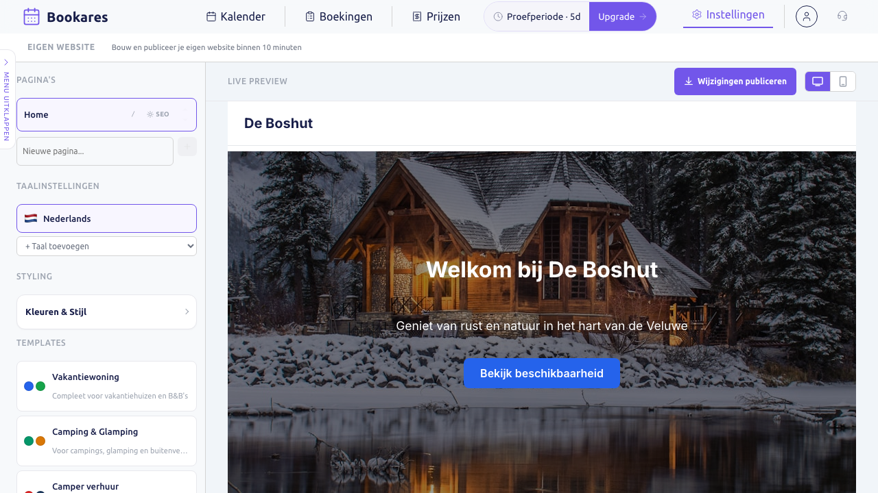 Scherm: de websitebouwer met de sjablonen links en het voorbeeld rechts