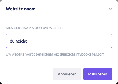 Scherm: het scherm Website naam met de naam duinzicht