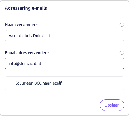 Scherm: het blok Adressering e-mails met Vakantiehuis Duinzicht als afzender