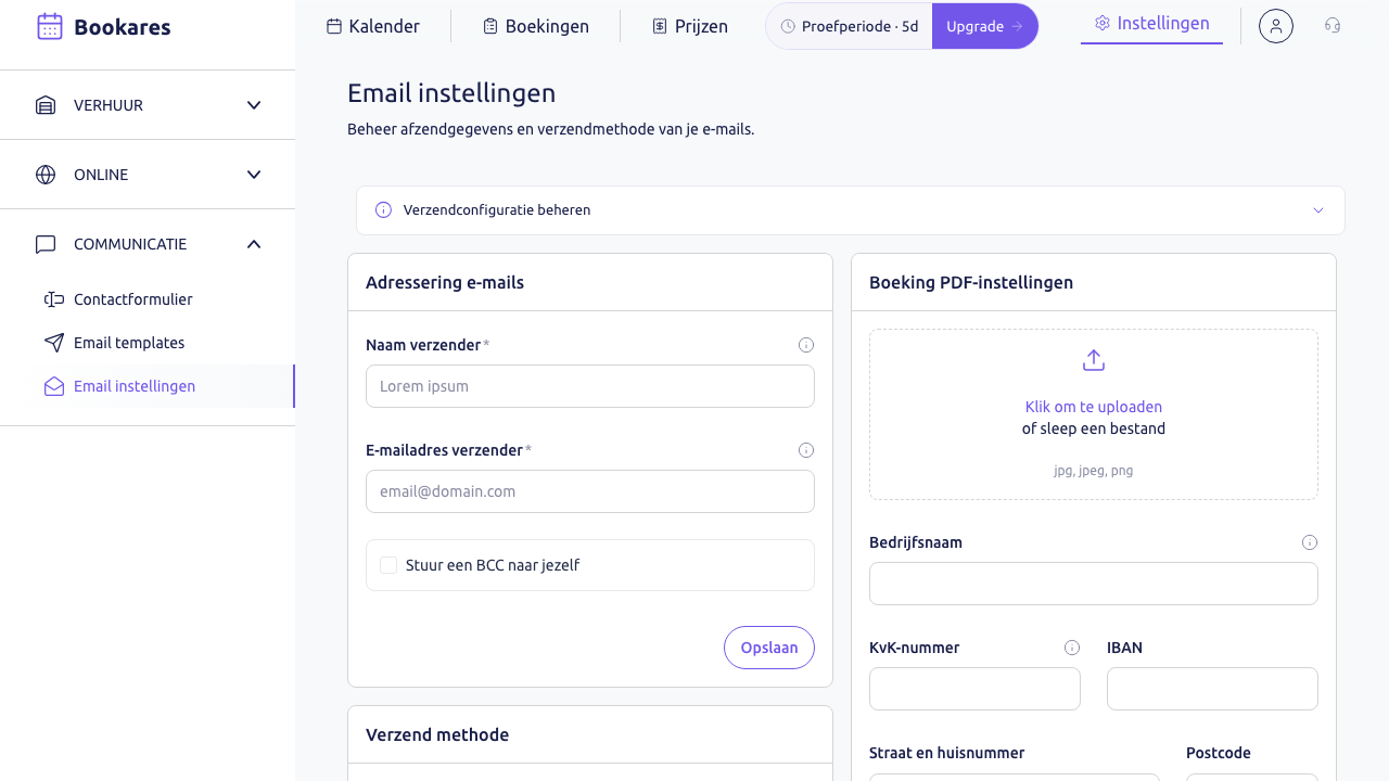 Scherm: de pagina Email instellingen met het blok Adressering e-mails