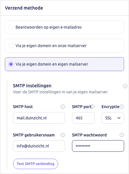 Scherm: het blok Verzend methode met de SMTP-gegevens van Duinzicht