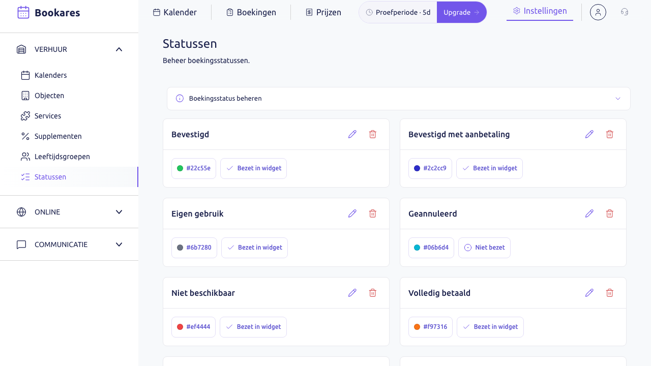 Scherm: de pagina Statussen met de standaardstatussen