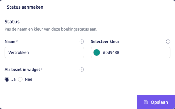 Scherm: het scherm Status aanmaken met de status Vertrokken