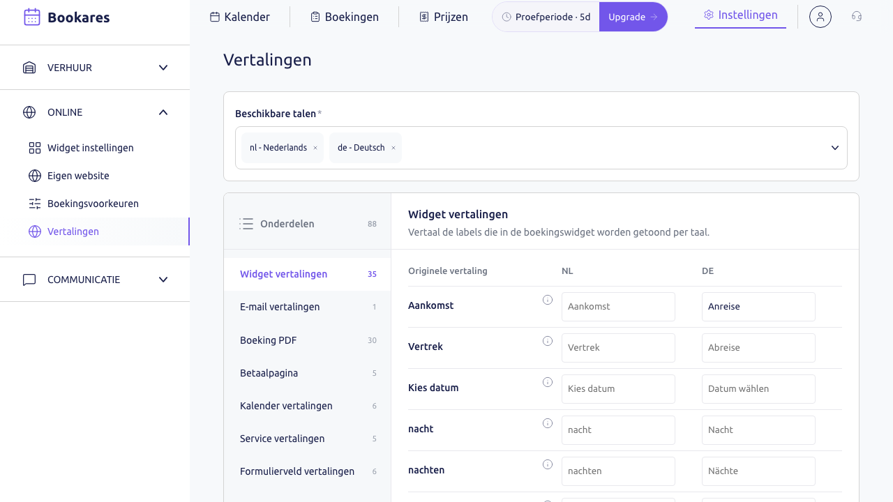 Scherm: de pagina Vertalingen met de talen bovenaan en de onderdelen links
