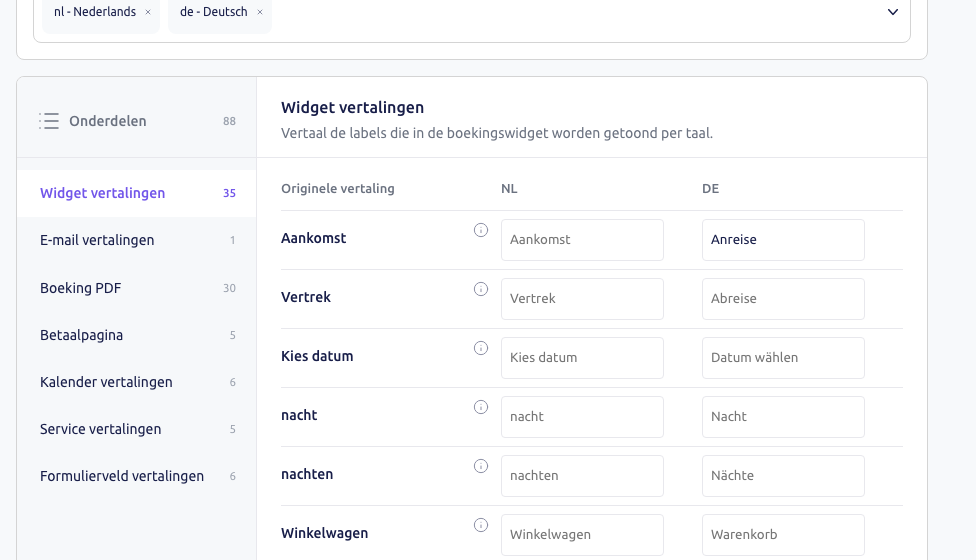 Scherm: de tabel met de kolom DE en Anreise bij Aankomst