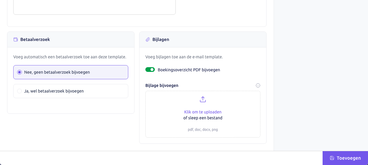Scherm: de blokken Betaalverzoek en Bijlagen onderaan de template