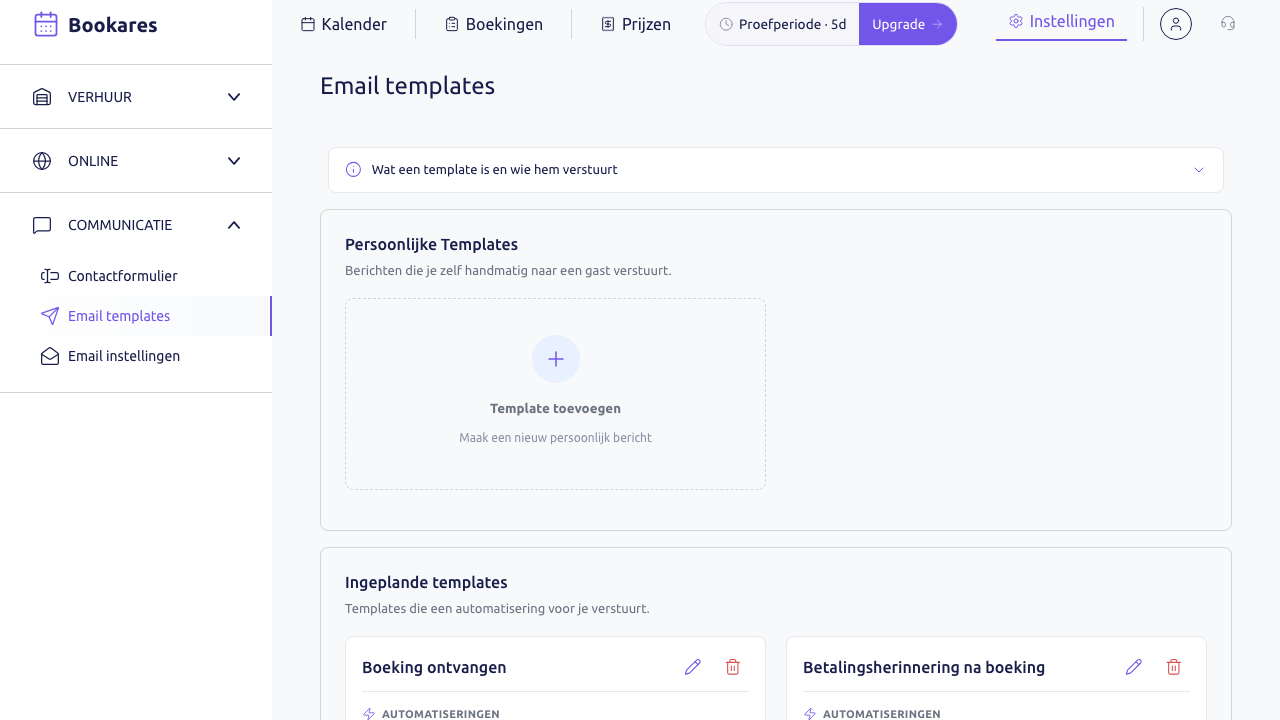 Scherm: de pagina Email templates met de groep Communicatie open