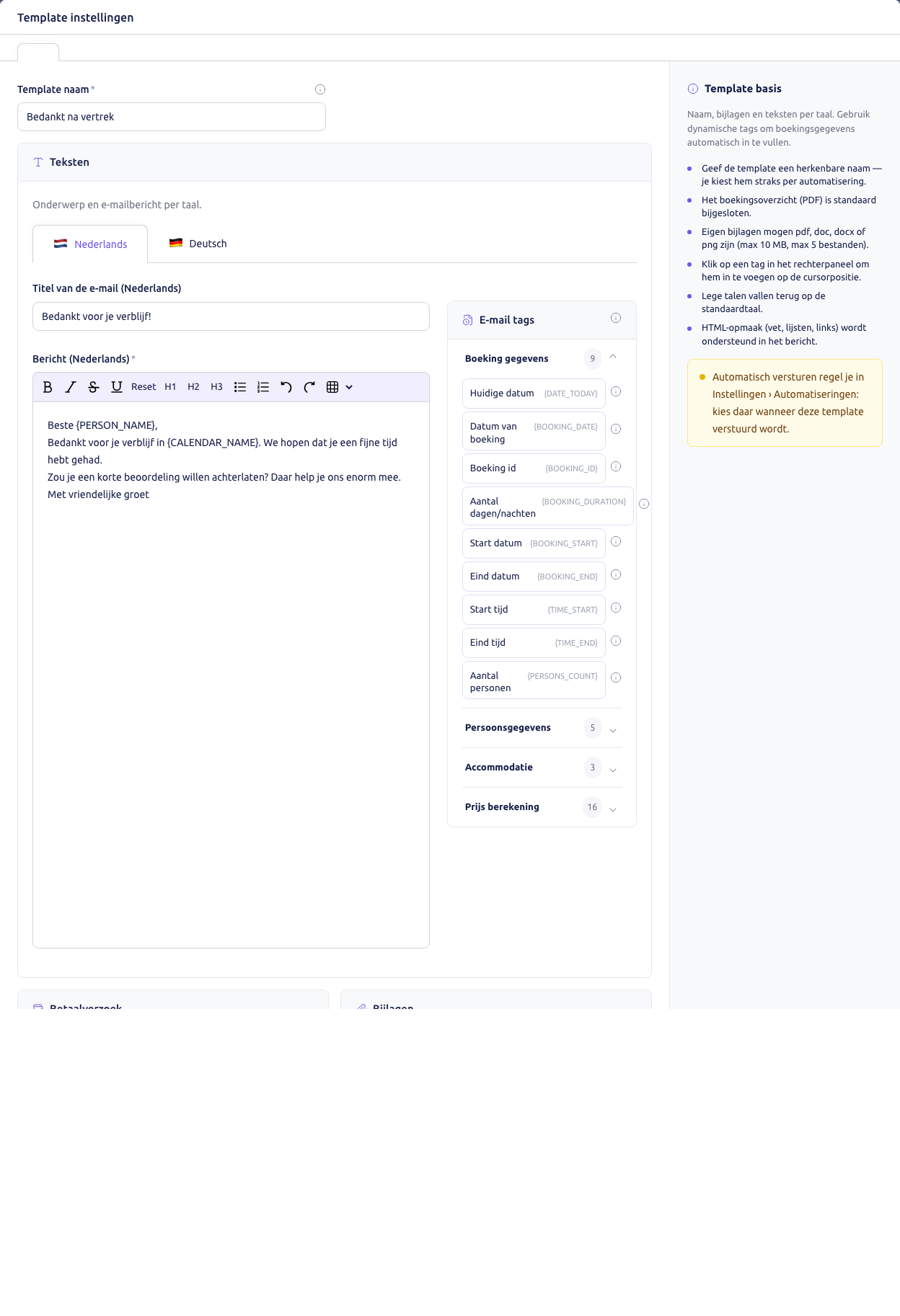 Scherm: het scherm Template instellingen van Bedankt na vertrek