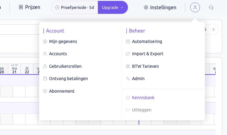 Scherm: het accountmenu met Beheer en Automatisering