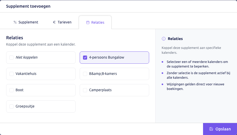 Scherm: het tabblad Relaties met de kalender aangevinkt